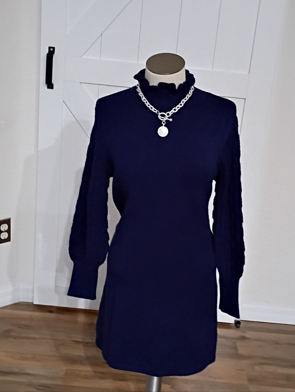 Amazon Essentials Navy Long-Sleeve Mock Neck MIDI Sweater Dress.